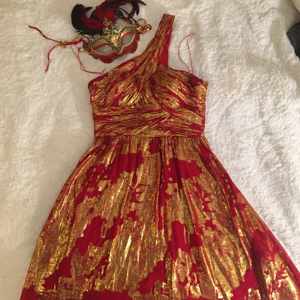 Aidan Maddox red/gold metallic cocktail dress 6